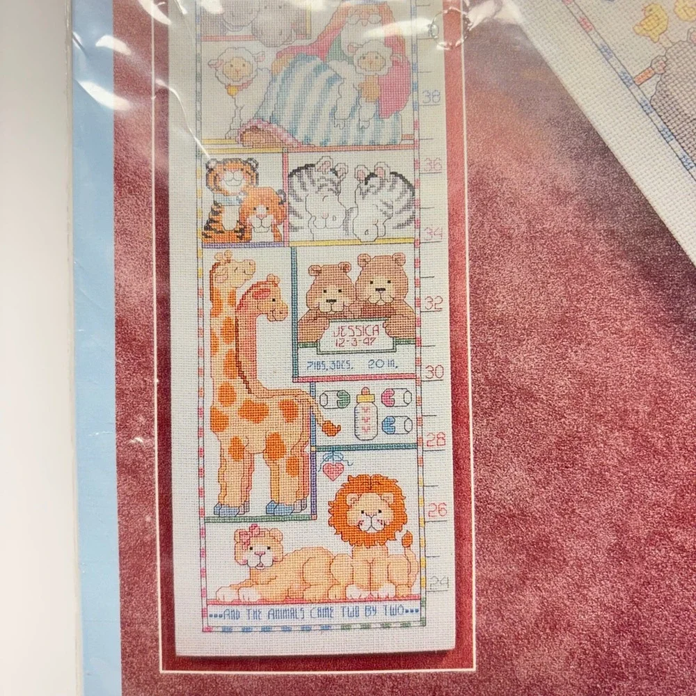 Vintage Bucilla Cross Stitch Kit Baby Growth Chart Noahs Ark 41775 1990s Pastel